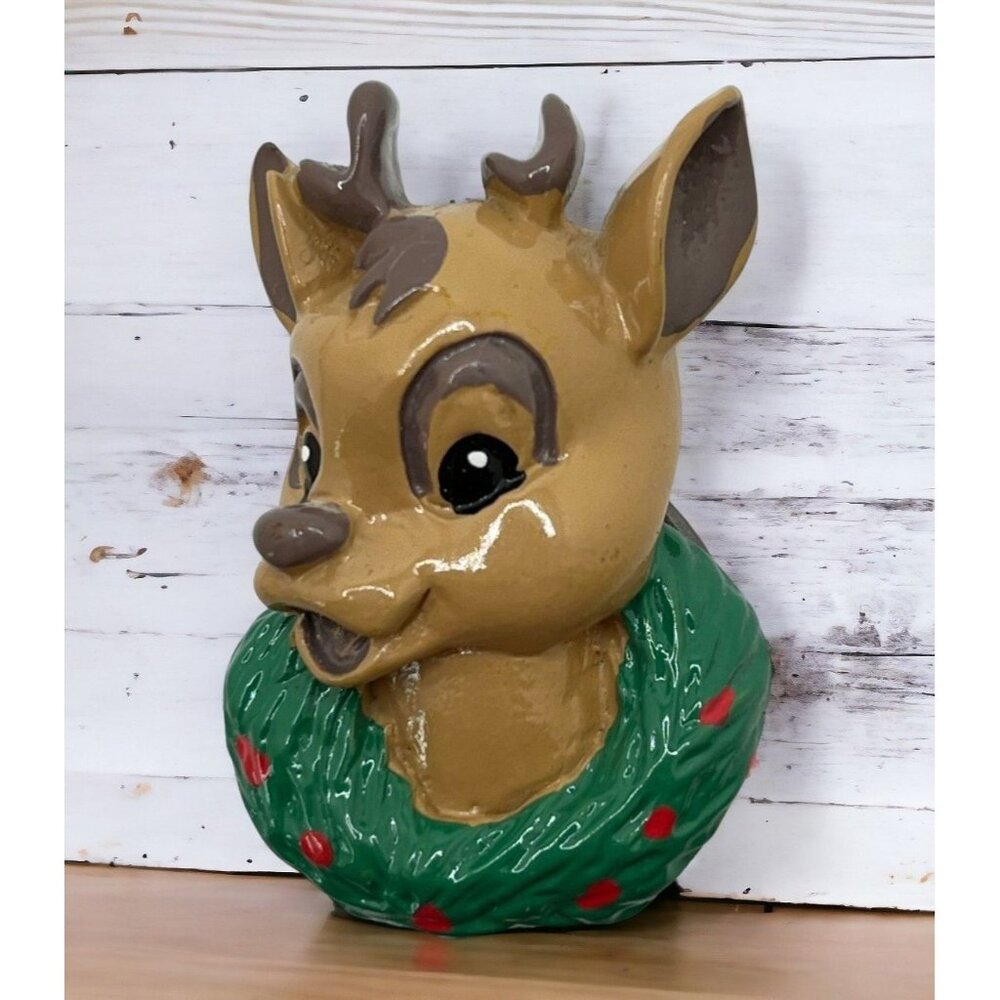 Christmas Reindeer Head Refrigerator Magnet Vintage Brown Deer with Wreath